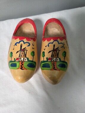 Vintage Dutch Wooden Clogs Shoes Hand-Painted Folk Art Windmill 7" Home decor